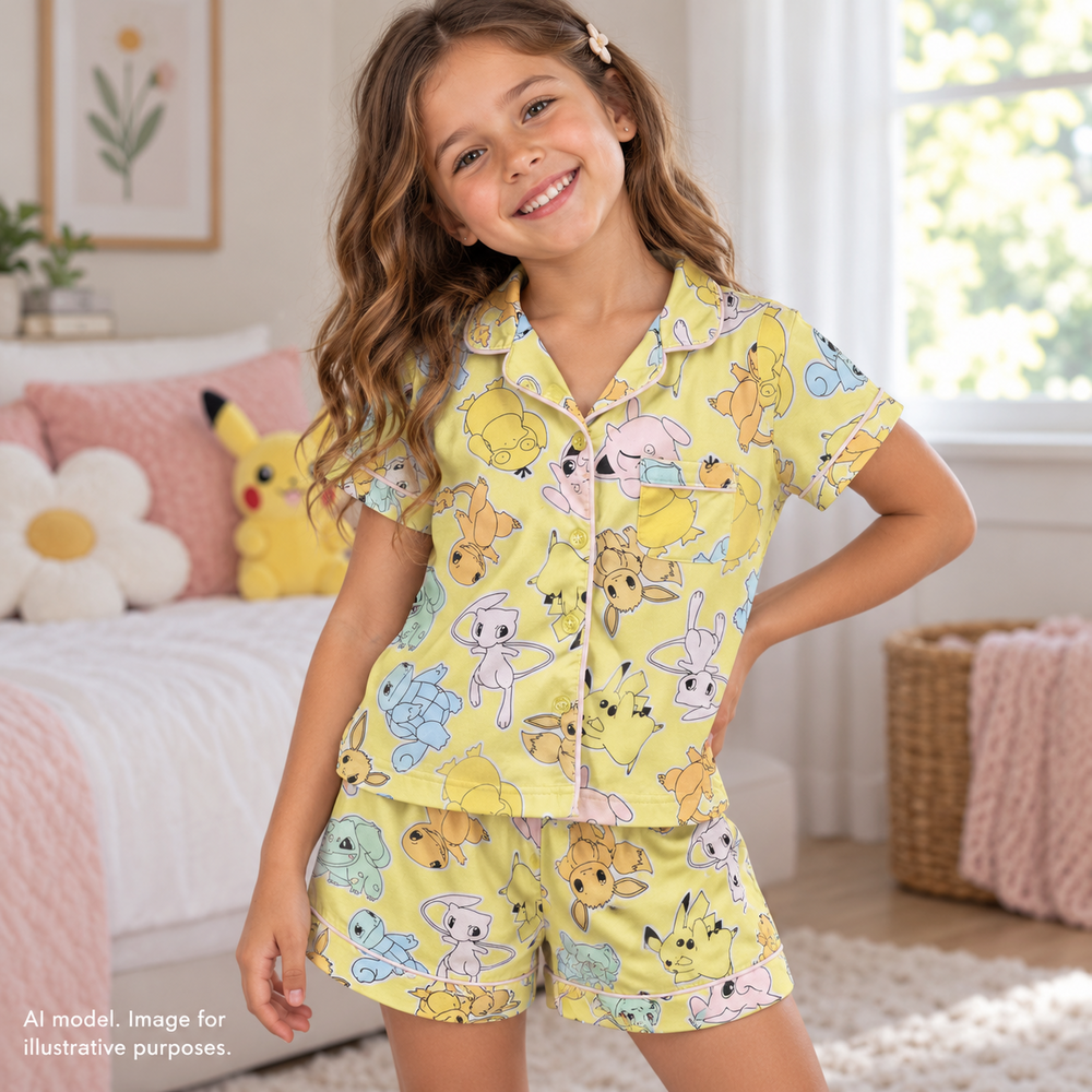 Pokemon Pajama Set Girls 7-8 Years Yellow Pikachu Eevee Squirtle Graphic 2 piece